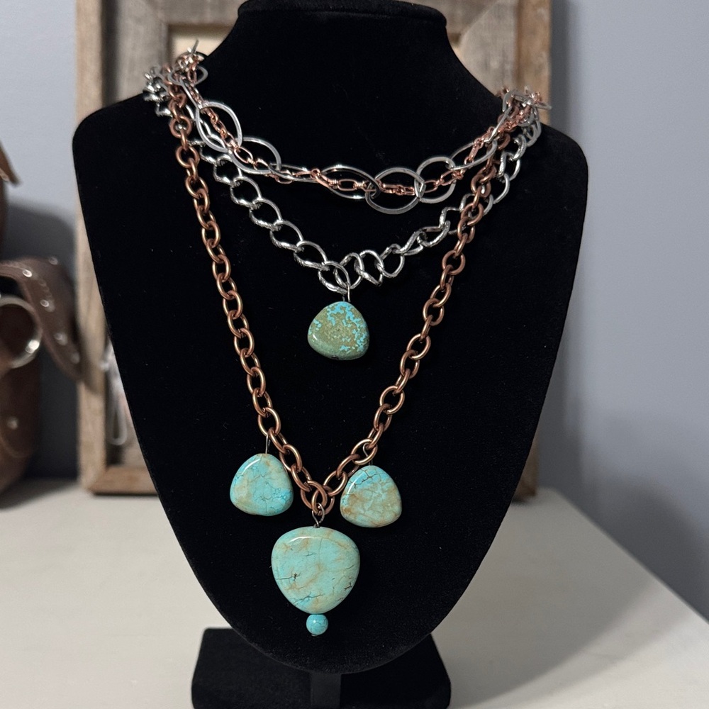Turquoise Stone Layered Chain Necklace - Blue Turquoise Pendant Jewelry